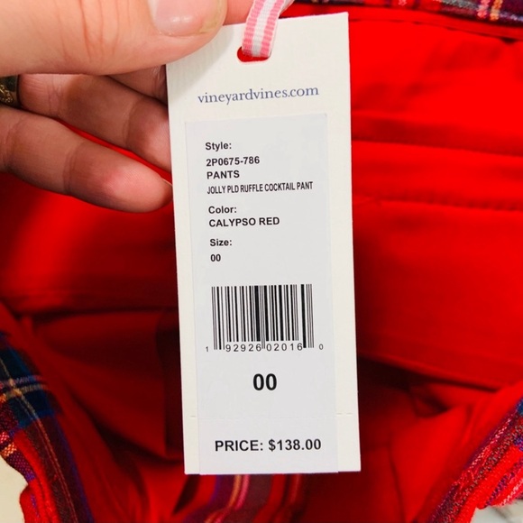 Vineyard Vines Jolly Plaid Ruffle Calypso Red Cocktail Pant Women’s Size 00 NWT - Picture 12 of 15